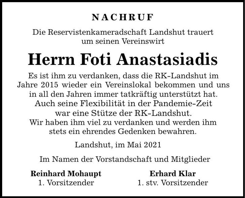 Traueranzeige Foti Anastasiadis