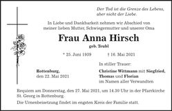 Traueranzeige Anna Hirtsch