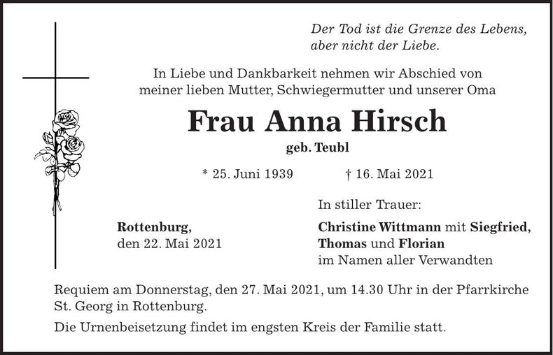Traueranzeige Anna Hirtsch