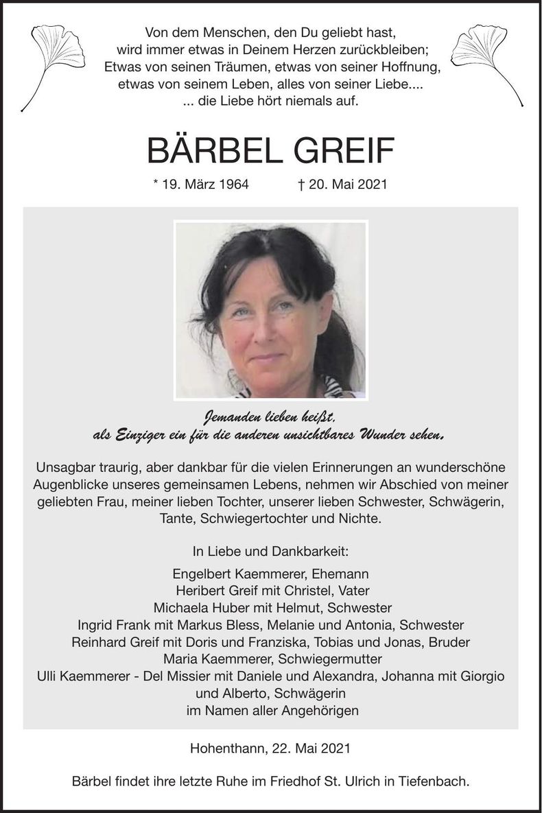 Traueranzeige Bärbel Greif