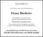 Traueranzeige Franz Biederer