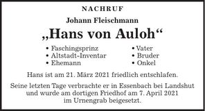 Traueranzeige Johann Fleischmann