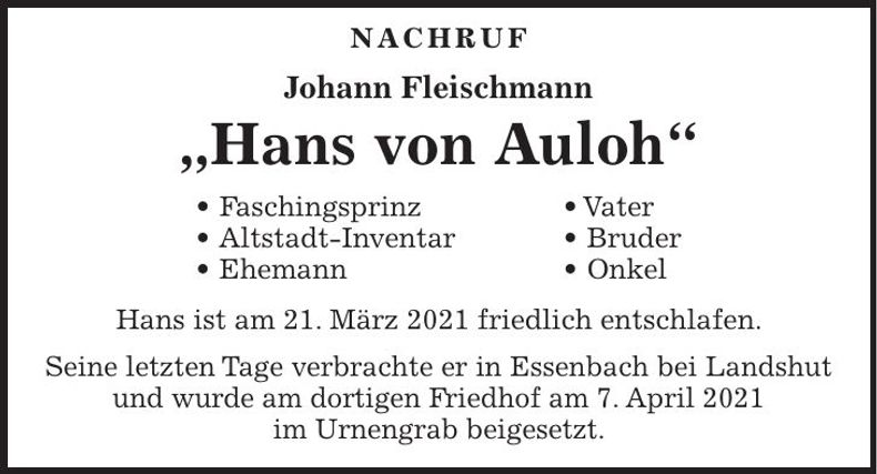 Traueranzeige Johann Fleischmann