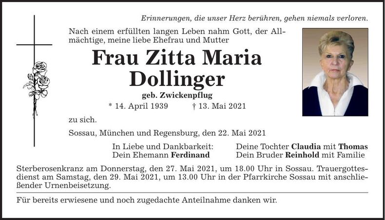 Traueranzeige Zitta Maria Dollinger