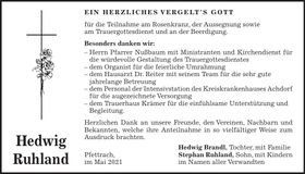 Traueranzeige Hedwig Ruhland