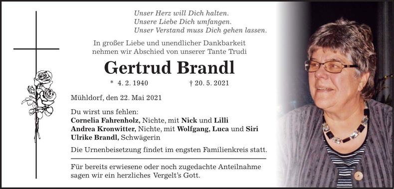Traueranzeige Gertrud Brandl