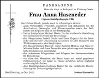 Traueranzeige Anna Haseneder