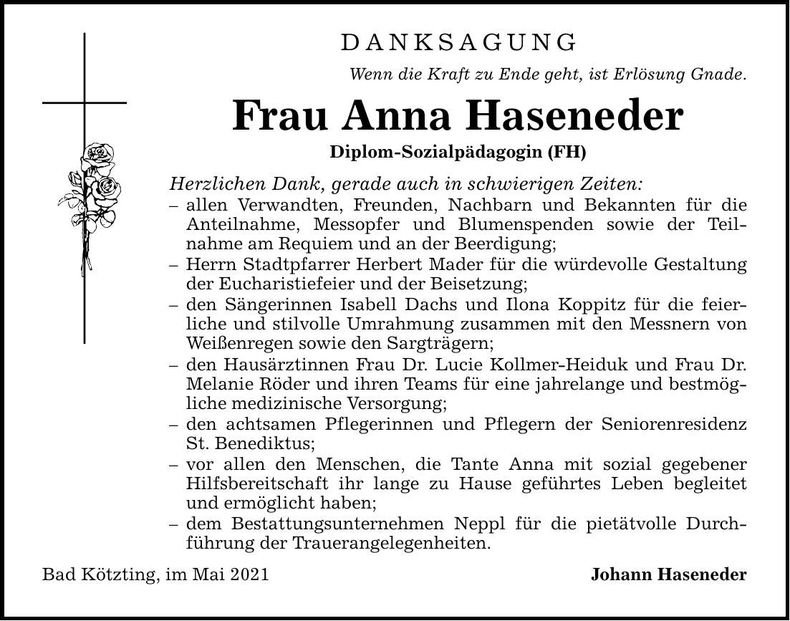 Traueranzeige Anna Haseneder