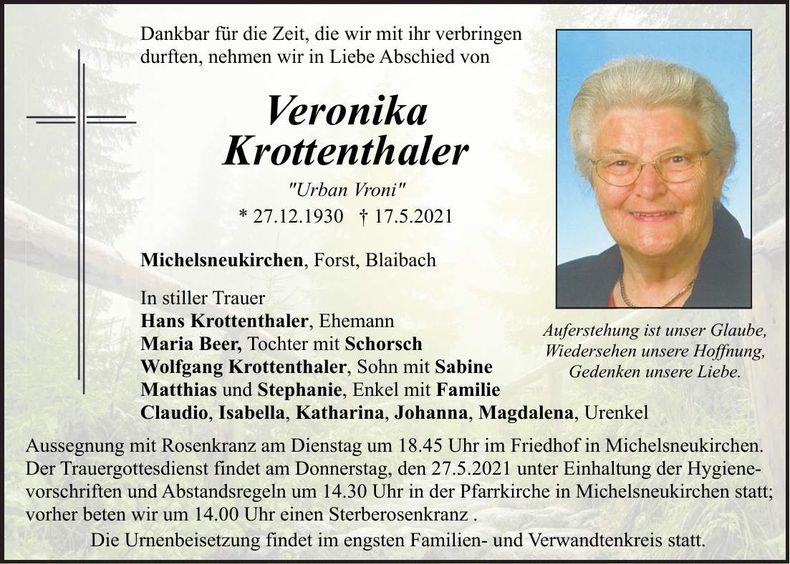 Traueranzeige Veronika Krottenthaler