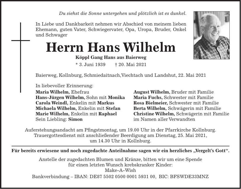 Traueranzeige Hans Wilhelm