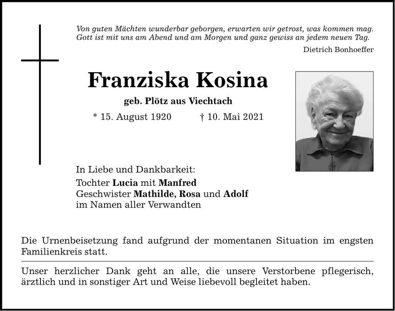 Traueranzeige Franziska Kosina
