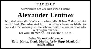 Traueranzeige Alexander Lentner