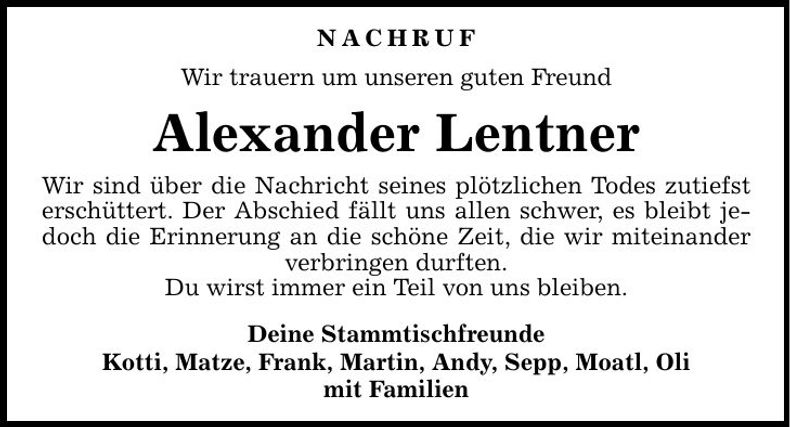 Traueranzeige Alexander Lentner