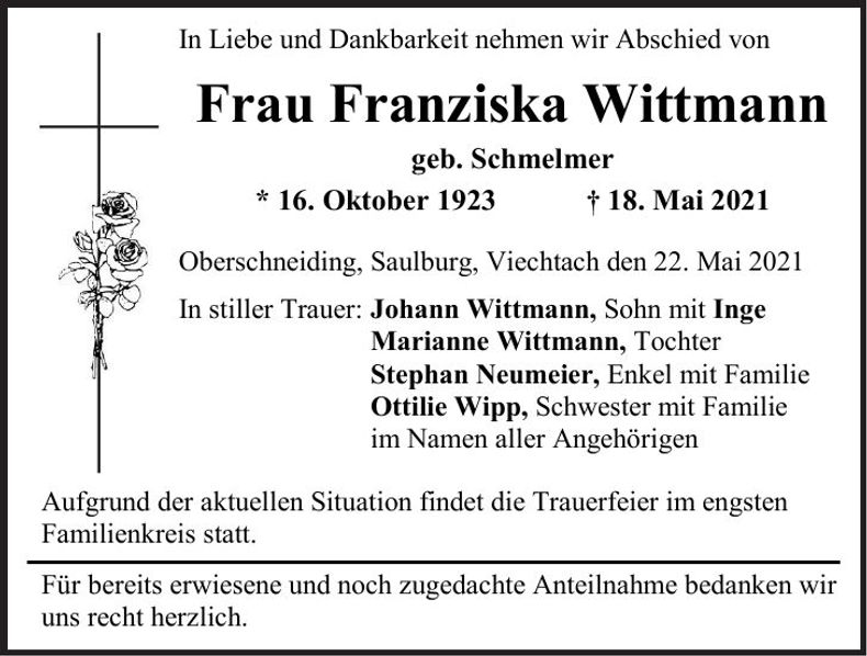 Traueranzeige Franziska Wittmann