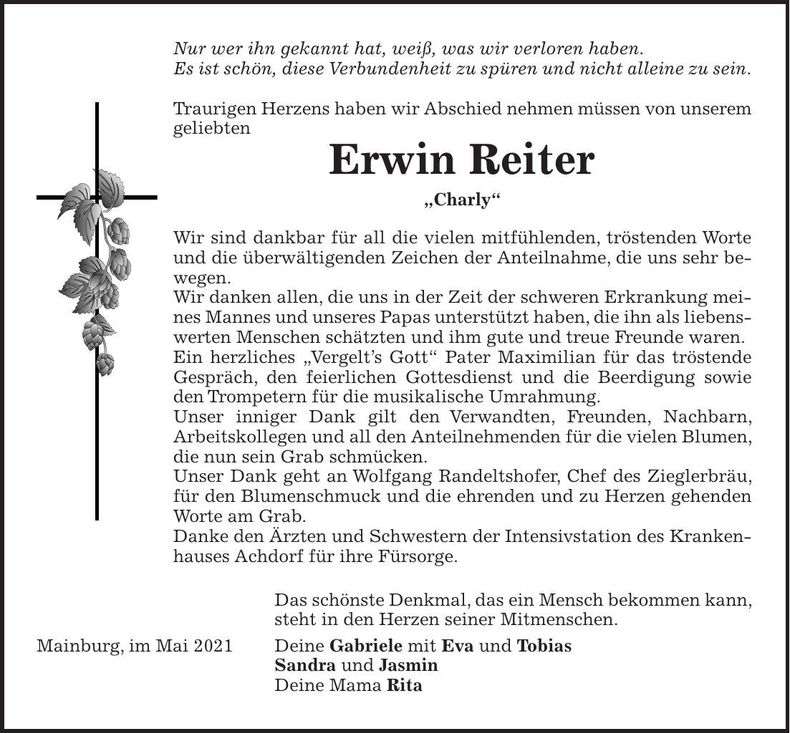 Traueranzeige Erwin Reiter
