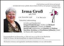 Traueranzeige Irma Groß