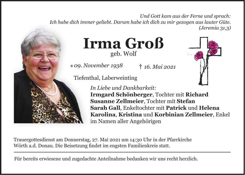 Traueranzeige Irma Groß
