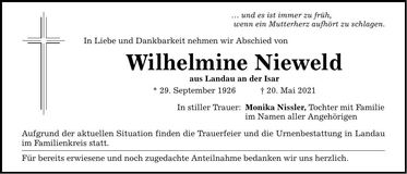 Traueranzeige Wilhelmine Niewald