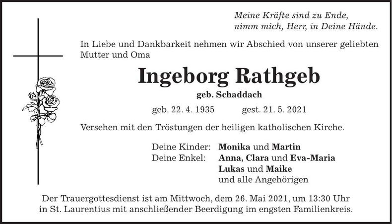 Traueranzeige Ingeborg Rathgeb