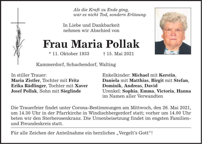 Traueranzeige Maria Pollak