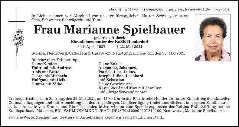 Traueranzeige Marianne Spielbauer