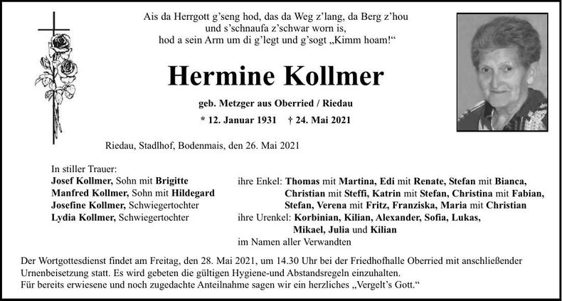 Traueranzeige Hermine Kollmer
