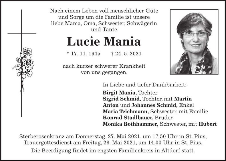 Traueranzeige Lucie Mania