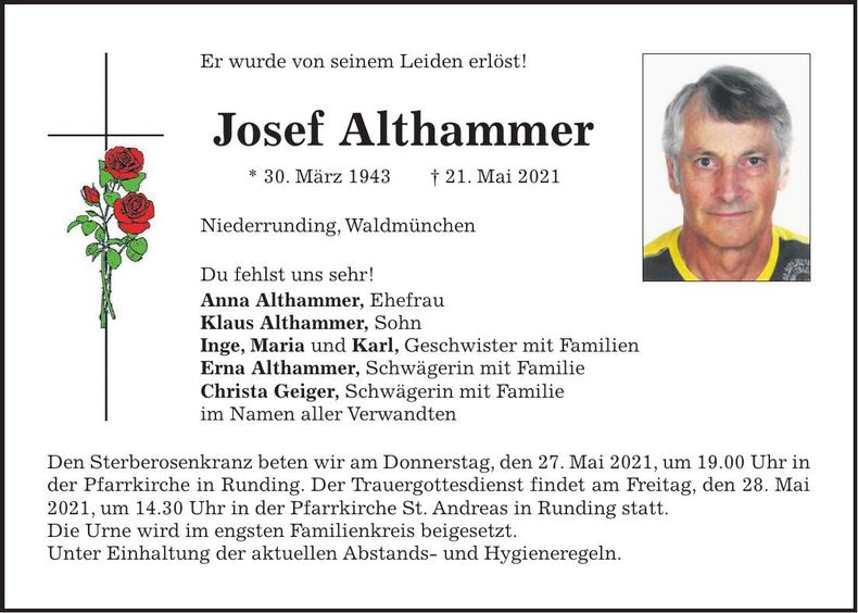 Traueranzeige Josef Althammer