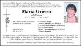 Traueranzeige Anna Maria Grieser