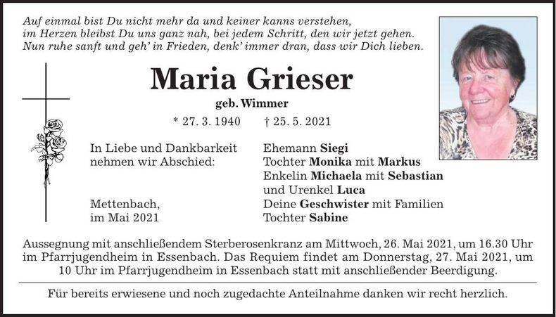 Traueranzeige Anna Maria Grieser
