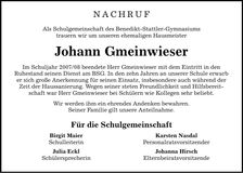 Traueranzeige Johann Gmeinwieser
