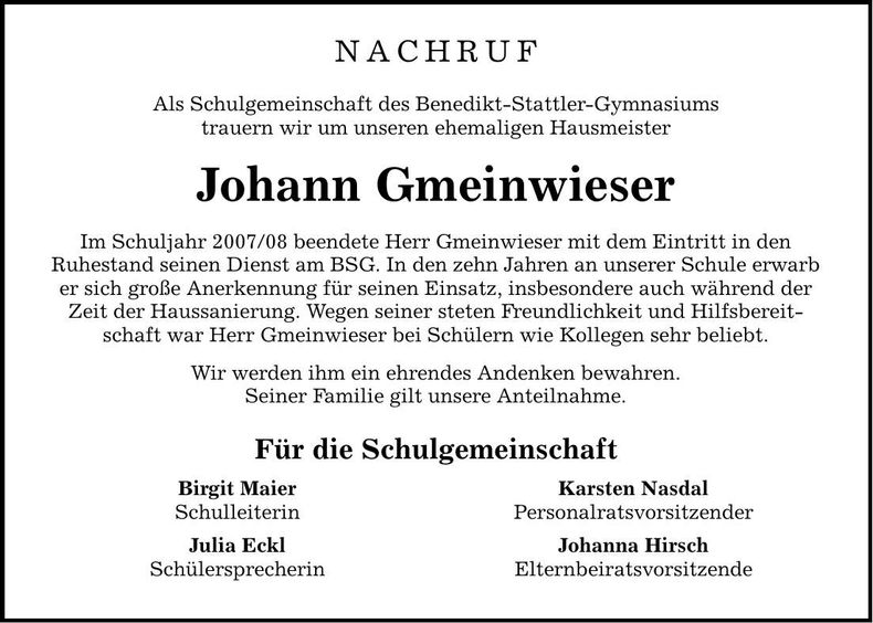 Traueranzeige Johann Gmeinwieser