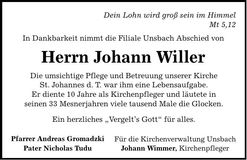 Traueranzeige Johann Willer