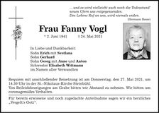 Traueranzeige Franziska Vogl