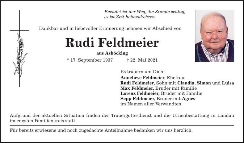 Traueranzeige Rudi Feldmeier