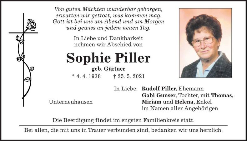 Traueranzeige Sophie Piller