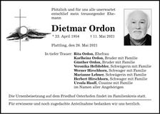 Traueranzeige Dietmar Ordon