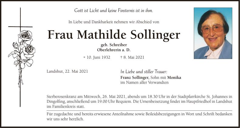 Traueranzeige Mathilde Sollinger