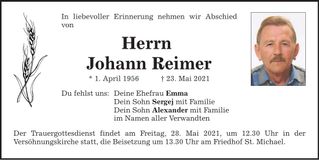 Traueranzeige Johann Reimer