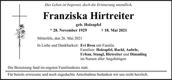 Traueranzeige Franziska Hirtreiter