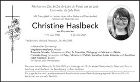 Traueranzeige Christine Haslbeck
