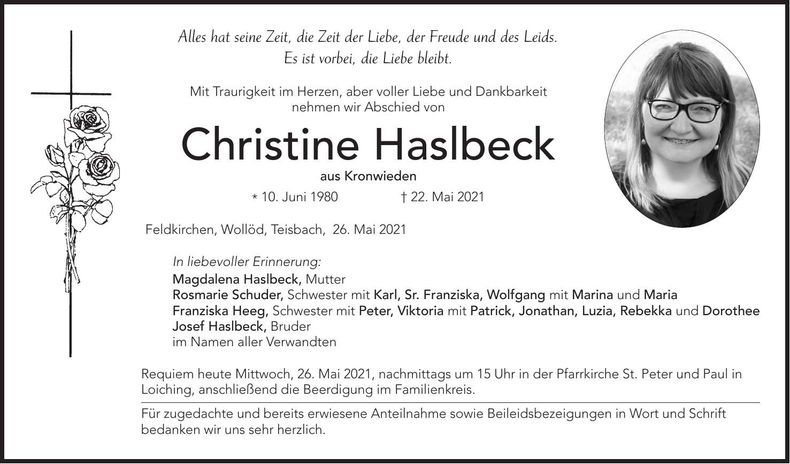 Traueranzeige Christine Haslbeck