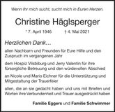 Traueranzeige Christine Häglsperger