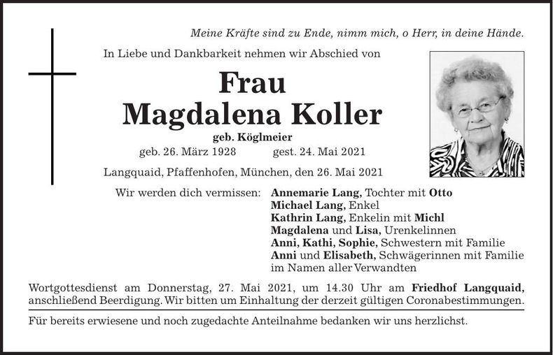 Traueranzeige Magdalena Koller