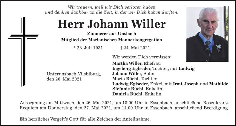 Traueranzeige Johann Willer