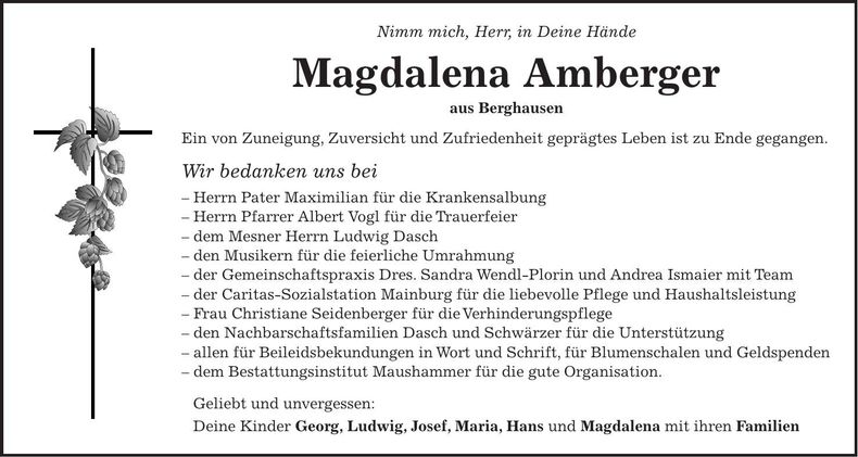Traueranzeige Magdalena Amberger