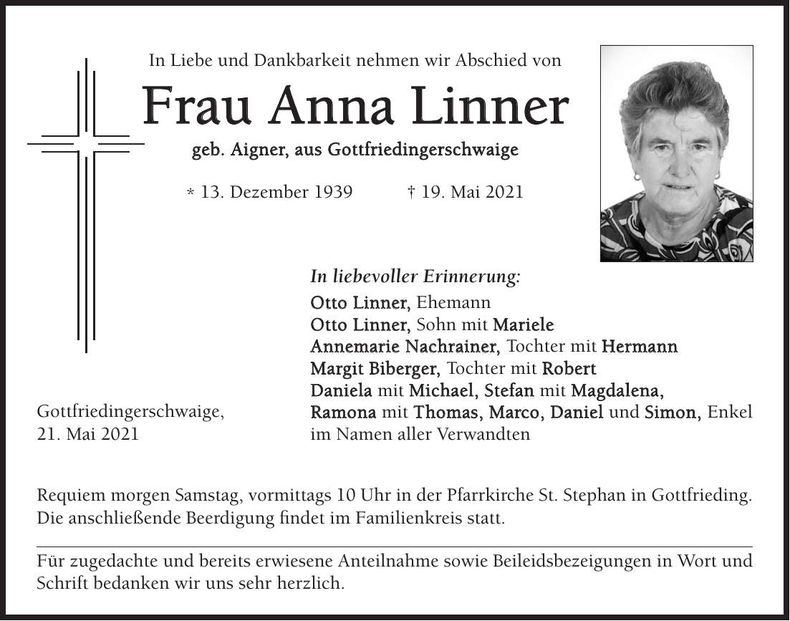 Traueranzeige Anna Linner