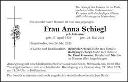 Traueranzeige Anna Schiegl