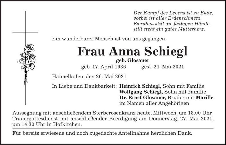 Traueranzeige Anna Schiegl