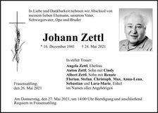 Traueranzeige Johann Zettl